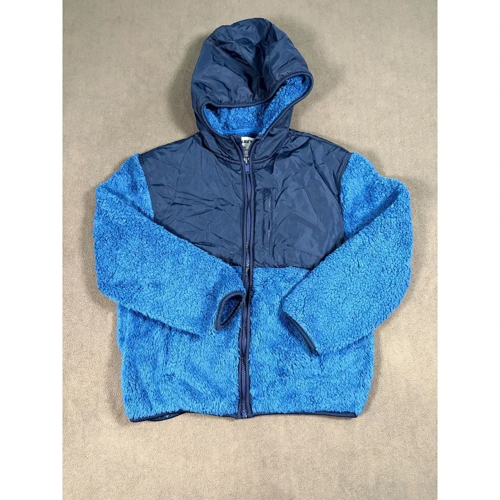 Old Navy Loose Sherpa Pocket Hooded Jacket Boys L (10-12) Blue Full Zip Winter